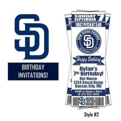 San Diego Padres MLB Baseball Birthday Invitation Ticket Style