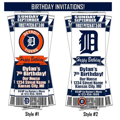 Detroit Tigers MLB Baseball Birthday Invitation Ticket Style