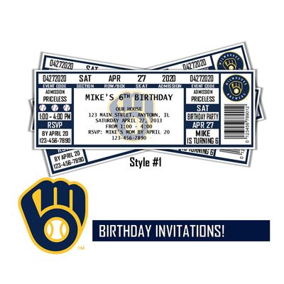 Milwaukee Brewers MLB Baseball Birthday Invitation Ticket Style