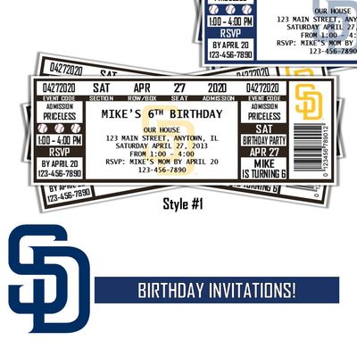San Diego Padres MLB Baseball Birthday Invitation Ticket Style