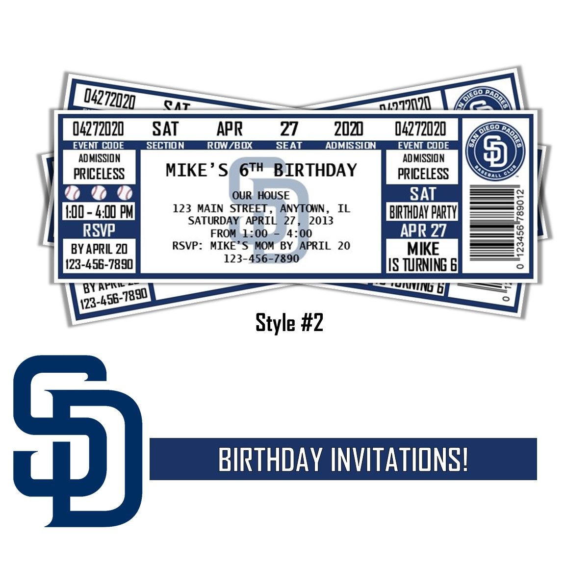 San Diego Padres MLB Baseball Birthday Invitation Ticket Style