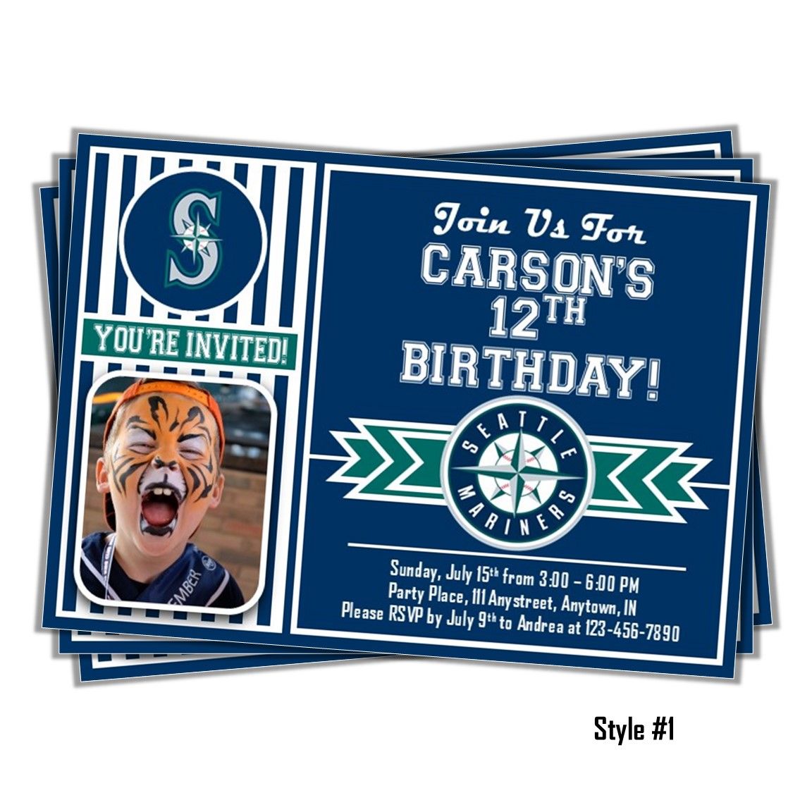 Seattle Mariners Photo MLB Baseball Birthday Invitation 5&quot;x7&quot;