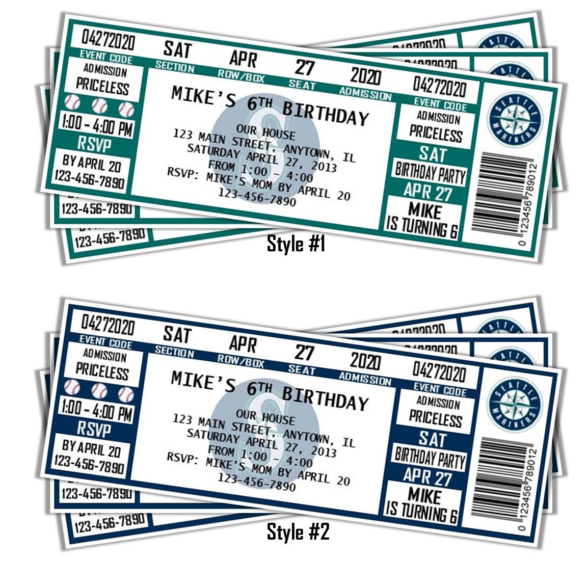 Seattle Mariners MLB Baseball Birthday Invitation Ticket Style