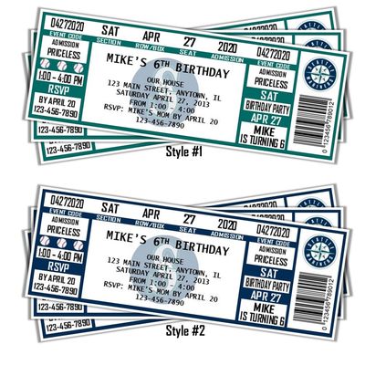 Seattle Mariners MLB Baseball Birthday Invitation Ticket Style