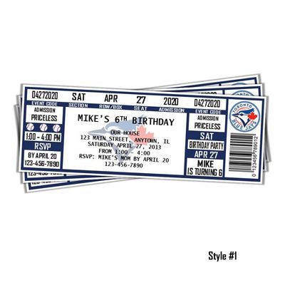 Toronto Blue Jays MLB Baseball Birthday Invitation Ticket Style