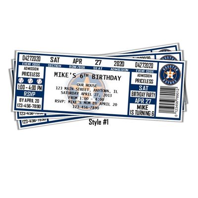 Houston Astros MLB Baseball Birthday Invitation Ticket Style