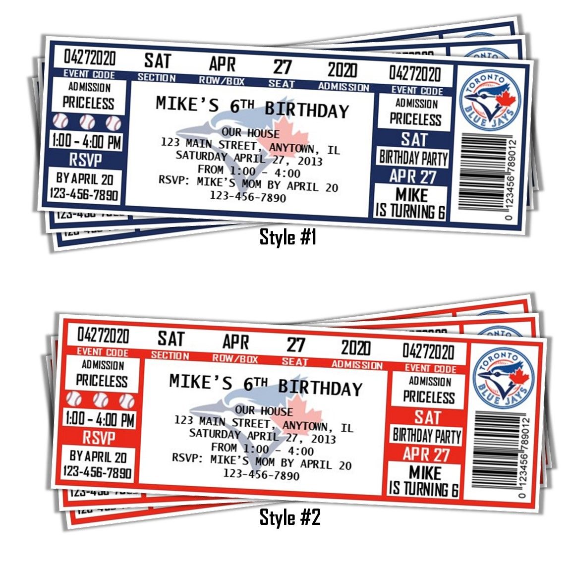 Toronto Blue Jays MLB Baseball Birthday Invitation Ticket Style