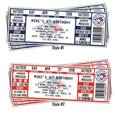 Toronto Blue Jays MLB Baseball Birthday Invitation Ticket Style