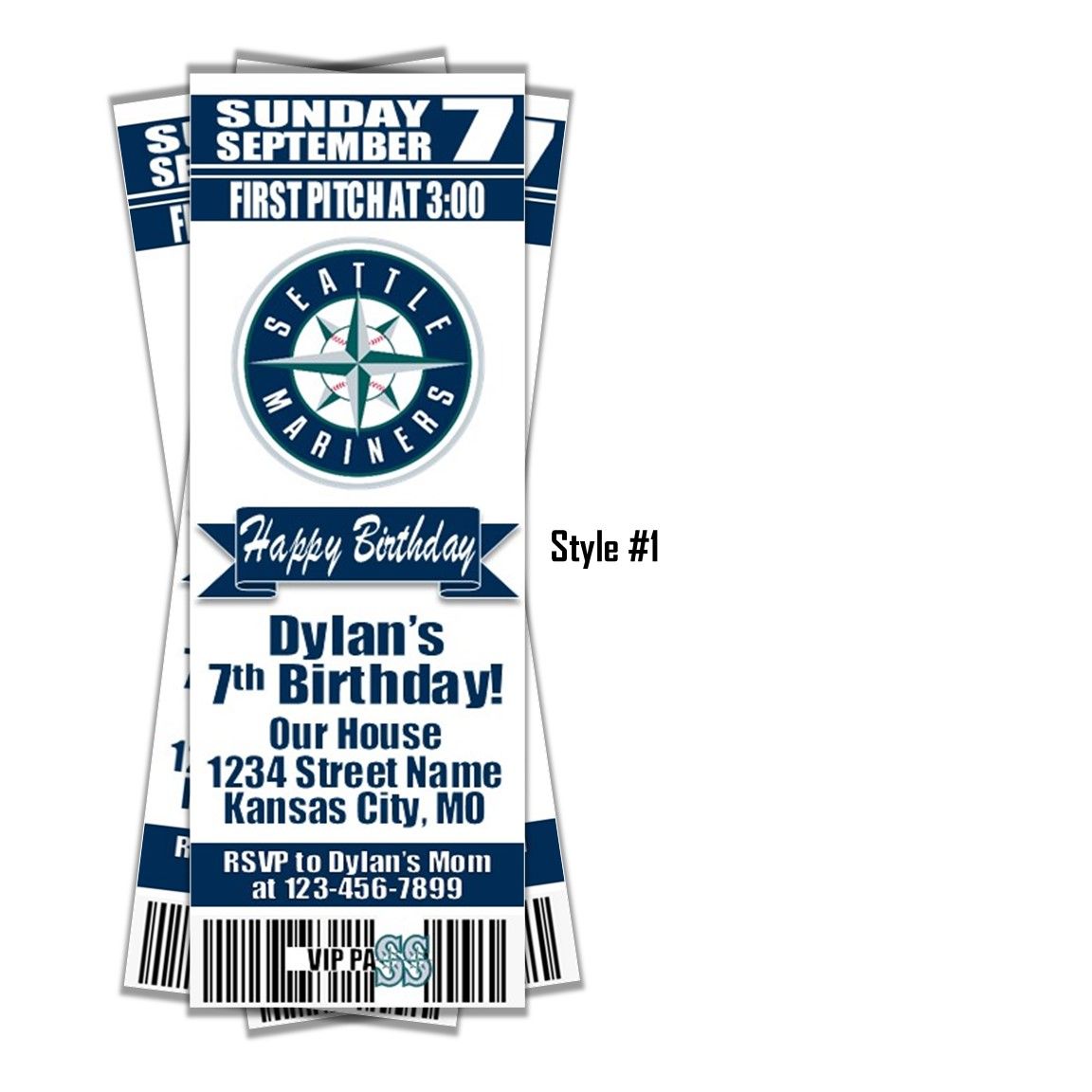 Seattle Mariners Classic MLB Baseball Birthday Invitation Ticket Style