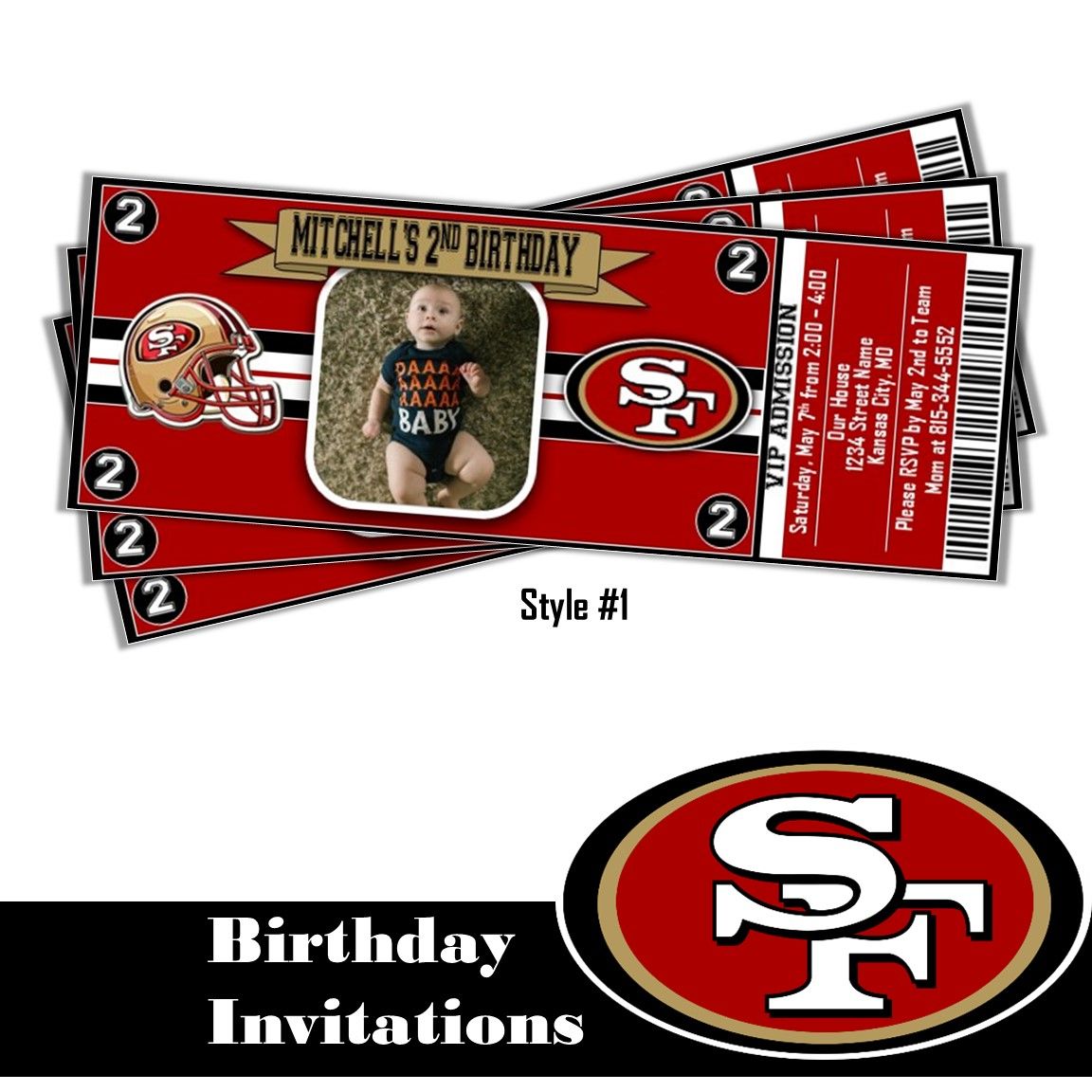 SF 49ers San Francisco NFL Football Birthday Invitation Ticket Style Customized Digital Download