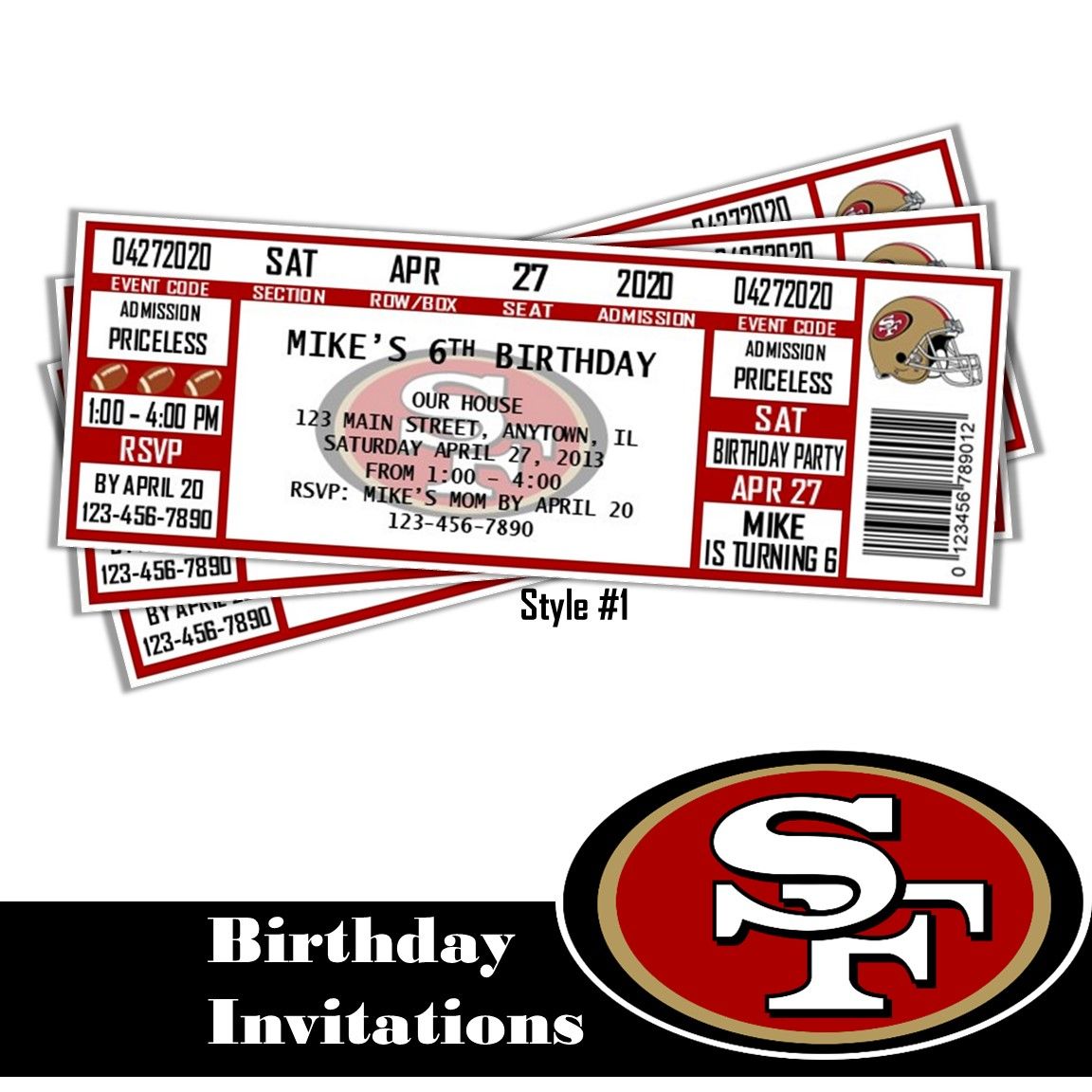 SF 49ers San Francisco Football Birthday Invitation Ticket Style Personalized Digital Download