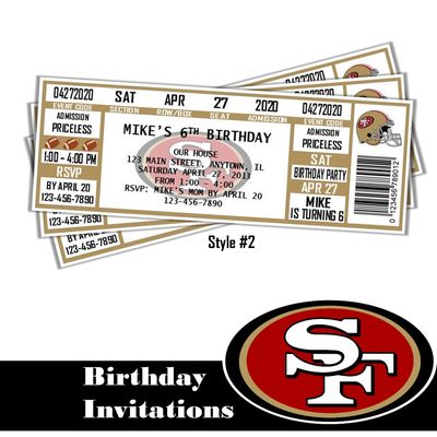 SF 49ers San Francisco Football Birthday Invitation Ticket Style Personalized Digital Download