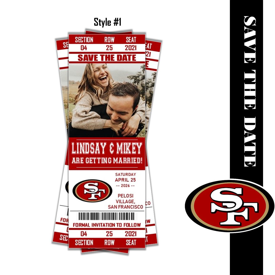 San Francisco SF 49ers SAVE THE DATE photo NFL Football Invitation Ticket Style Wedding