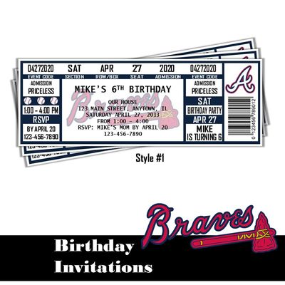 Atlanta Braves MLB Baseball Birthday Invitation Ticket Style Digital Download