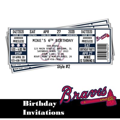 Atlanta Braves MLB Baseball Birthday Invitation Ticket Style Digital Download