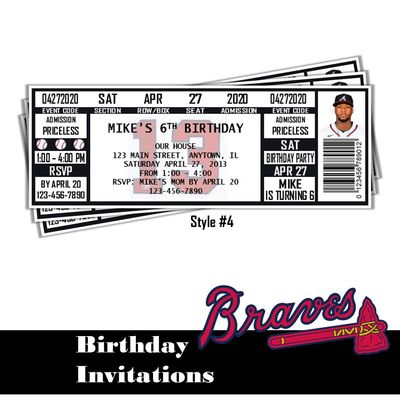 Atlanta Braves MLB Baseball Birthday Invitation Ticket Style Digital Download