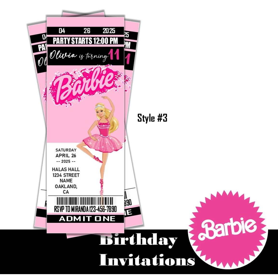 Barbie Doll Birthday Invitation Ticket Style Mattel Customized Digital Download