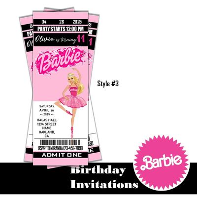 Barbie Doll Birthday Invitation Ticket Style Mattel Customized Digital Download