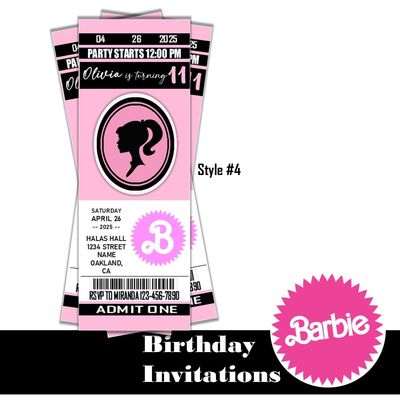 Barbie Doll Birthday Invitation Ticket Style Mattel Customized Digital Download