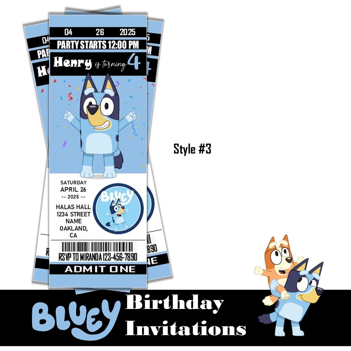 Bluey Birthday Invitation Ticket Style Boy or Girl Disney Customized Digital Download