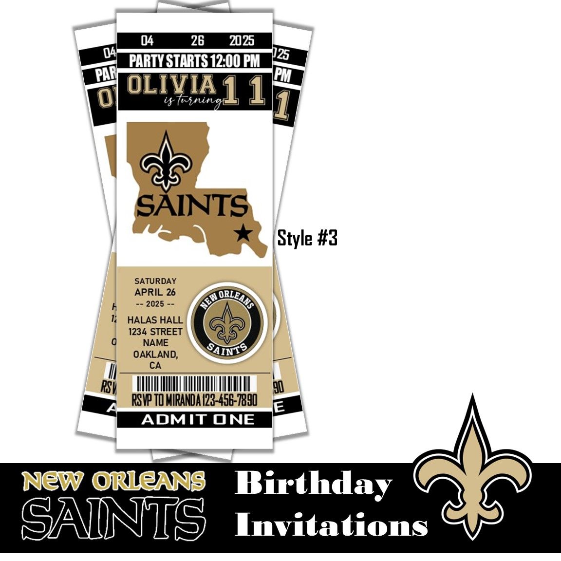 New Orleans Saints NFL Footballl Birthday Invitation Ticket Style -Customized digital download
