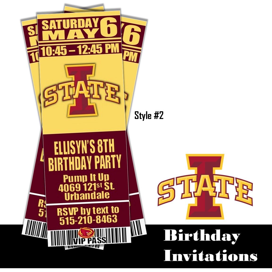 Iowa State Cyclones College NCAA Birthday Invitation Ticket Style