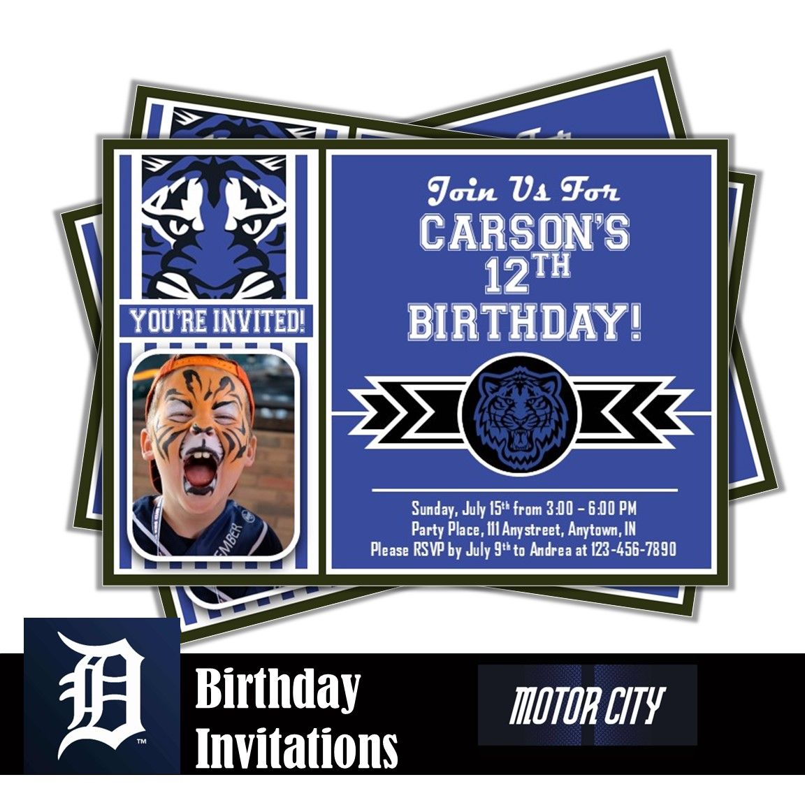 Detroit Tigers City Connect MLB Baseball Birthday Invitation 5x7 with Photo Digital Download
