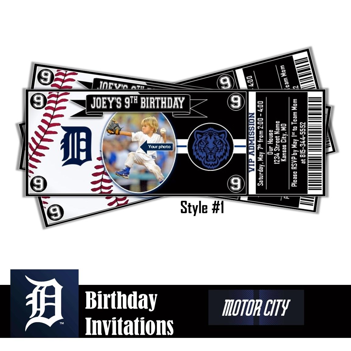 Detroit Tigers City Connect Photo MLB Baseball Birthday Invitation Ticket Style Digital Download