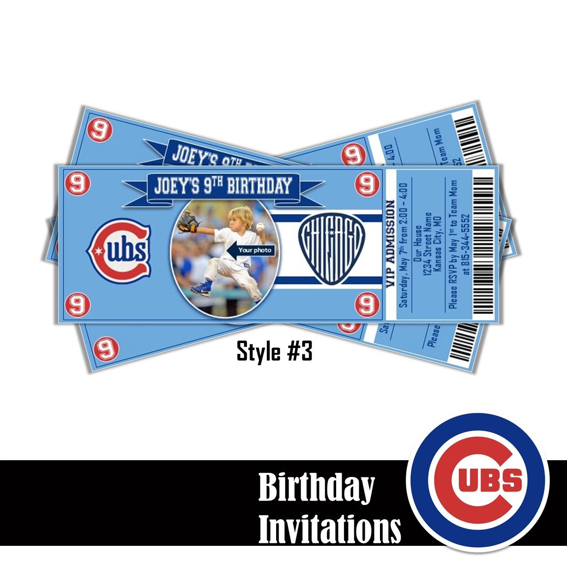 Chicago Cubs City Connect Alternate Wrigleyville Photo Children&#39;s MLB Baseball Birthday Invitation Ticket Style