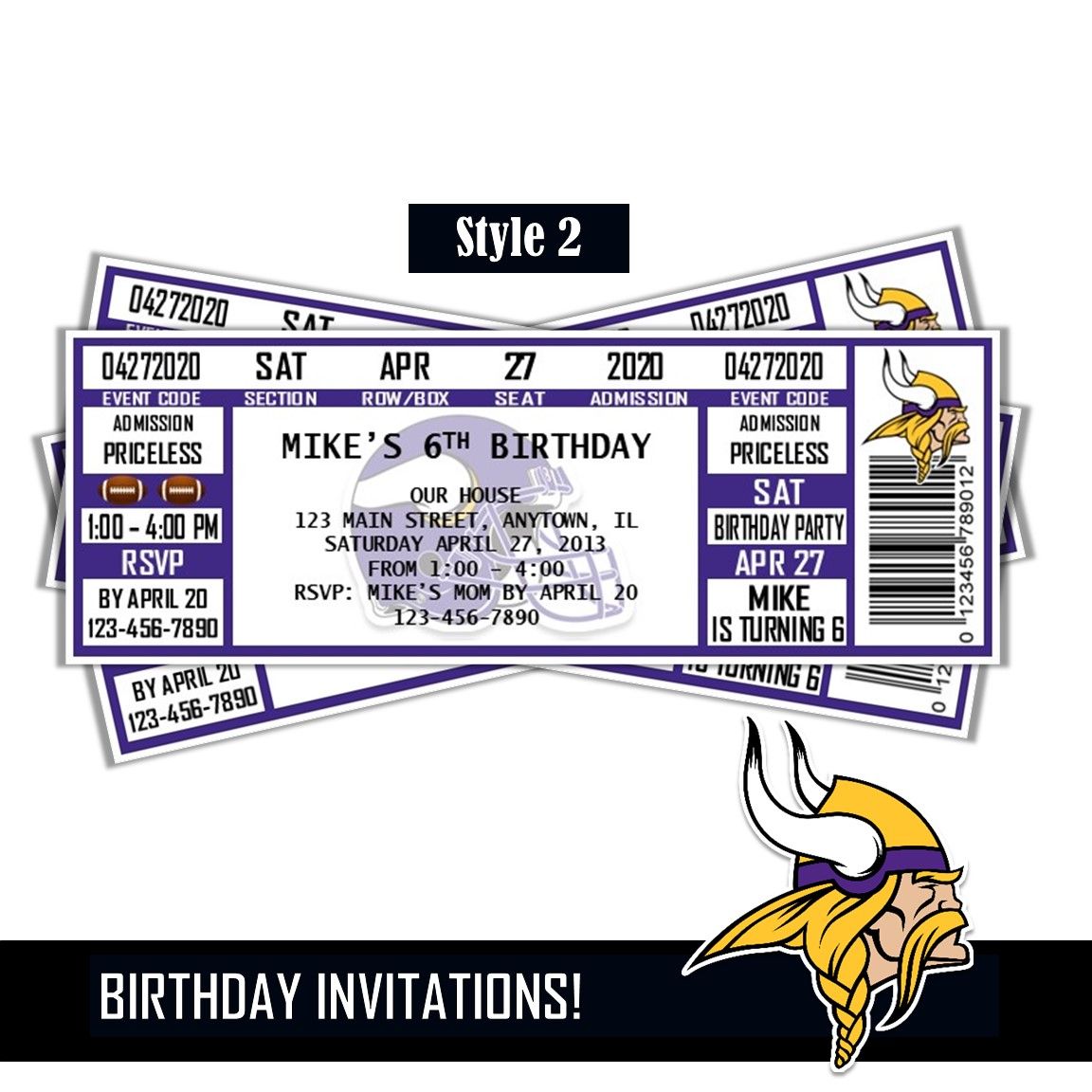 Minnesota Vikings NFL Football Birthday Invitation Ticket Style Digital Download