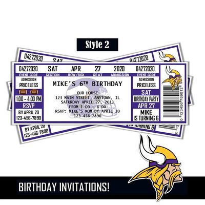 Minnesota Vikings NFL Football Birthday Invitation Ticket Style Digital Download