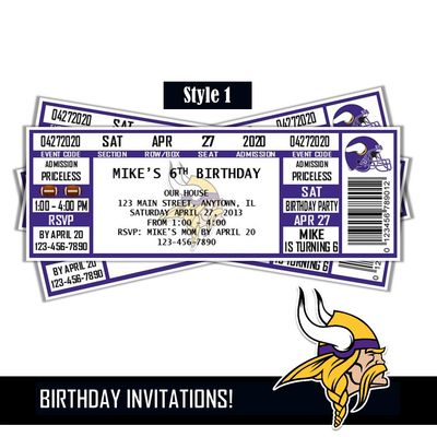 Minnesota Vikings NFL Football Birthday Invitation Ticket Style Digital Download