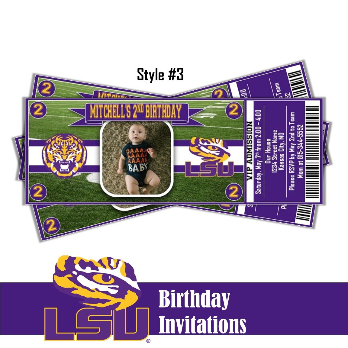 LSU Tigers College Football Birthday Invitation Ticket Style Digital Download