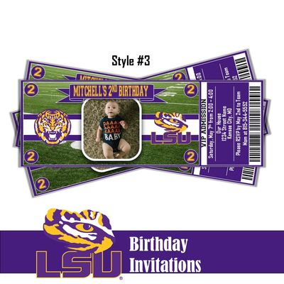 LSU Tigers College Football Birthday Invitation Ticket Style Digital Download