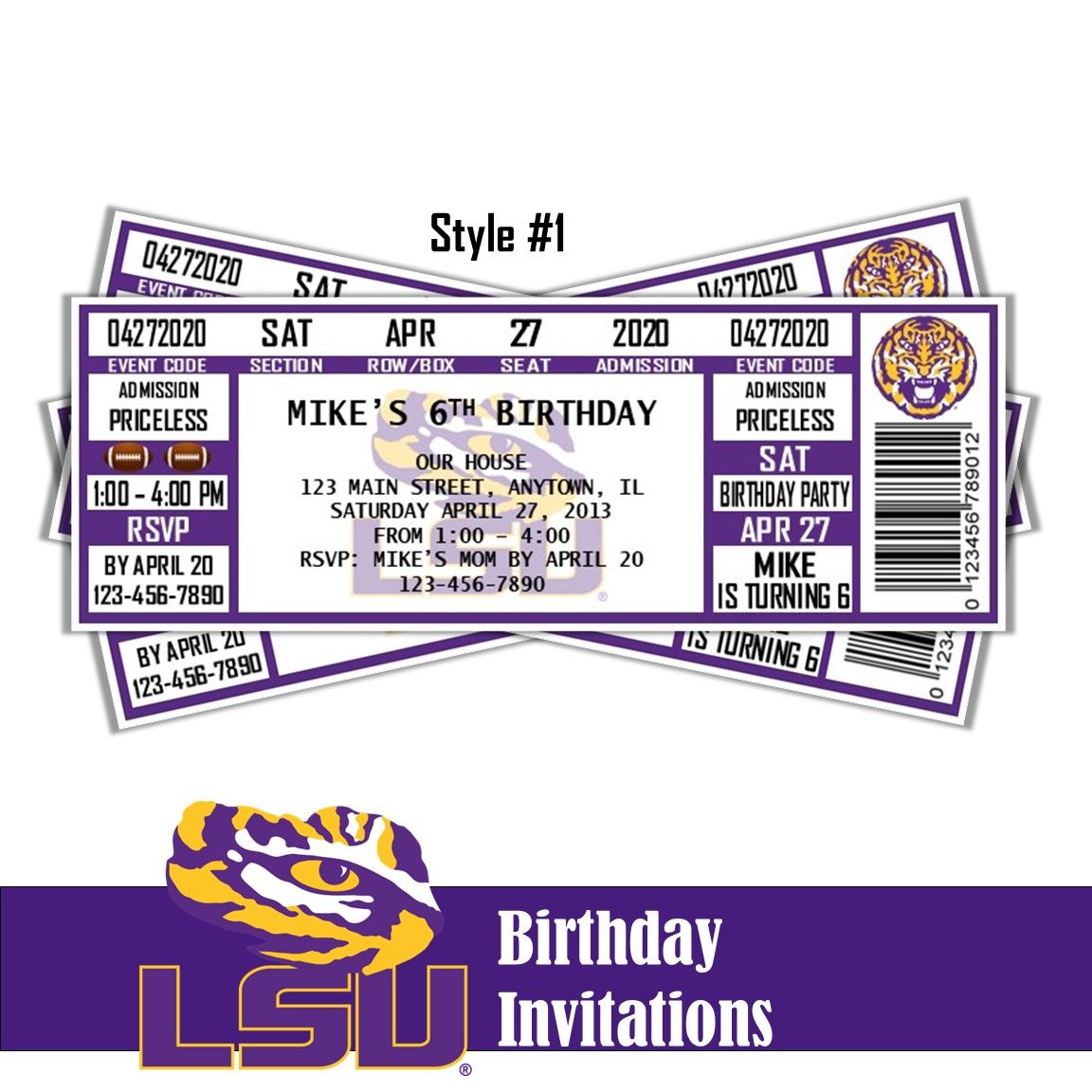 LSU Tigers NCAA College Baseball Football Birthday Invitation Ticket Style Digital Download