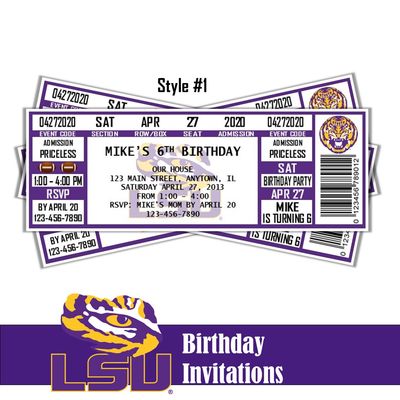 LSU Tigers NCAA College Baseball Football Birthday Invitation Ticket Style Digital Download