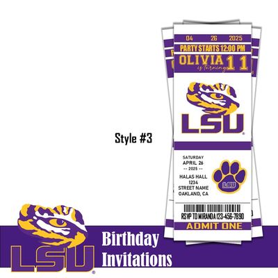 LSU Tigers College Birthday Invitation Ticket Style NCAA 2025 Digital Download
