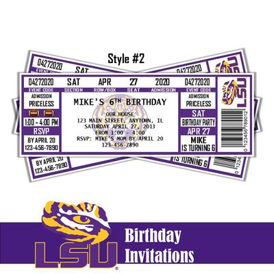 LSU Tigers NCAA College Baseball Football Birthday Invitation Ticket Style Digital Download