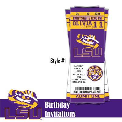 LSU Tigers College Birthday Invitation Ticket Style NCAA 2025 Digital Download