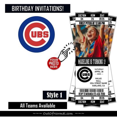 Chicago Cubs Birthday Invitation Ticket Style MLB 2025