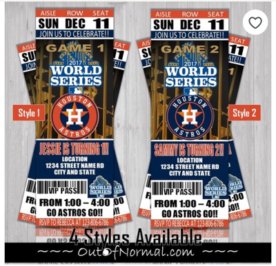 Houston Astros MLB Baseball Birthday Invitation Child's Party Vintage World Series Ticket Style