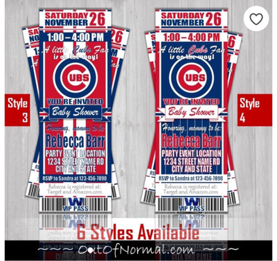 Chicago Cubs Baseball Baby Shower Invitation Ticket Style