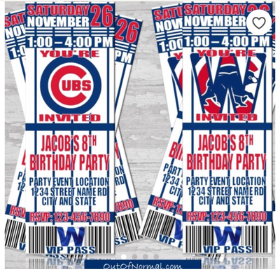 Chicago Cubs Pinstripes Classic MLB Baseball Birthday Invitation Ticket Style