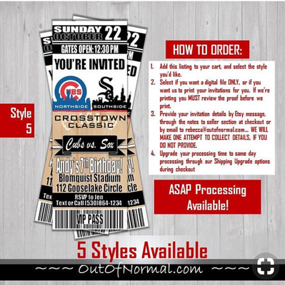 Chicago Cubs vs. White Sox Crosstown Classic MLB Baseball Birthday Invitation Ticket Style