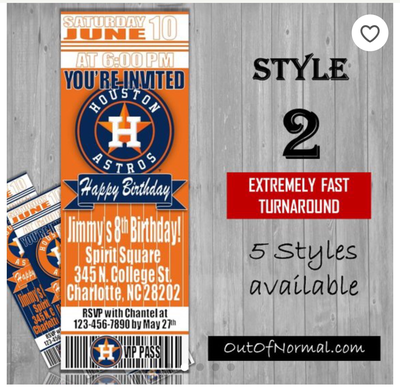 Houston Astros Classic MLB Baseball Birthday Invitation Ticket Style