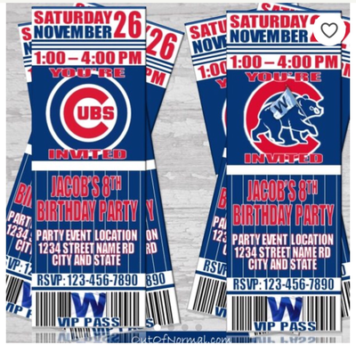 Chicago Cubs Pinstripes Classic MLB Baseball Birthday Invitation Ticket Style