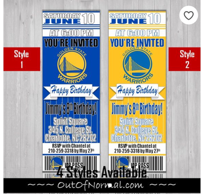 Golden State Warriors GSW Ticket Style Birthday Invitation