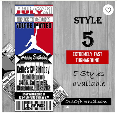Jumpman NBA Ticket Style Birthday Invitation -- MJ Michael Jordan Nike 23
