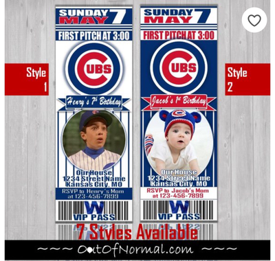 Chicago Cubs Photo Children's MLB Baseball Birthday Invitation Ticket Style