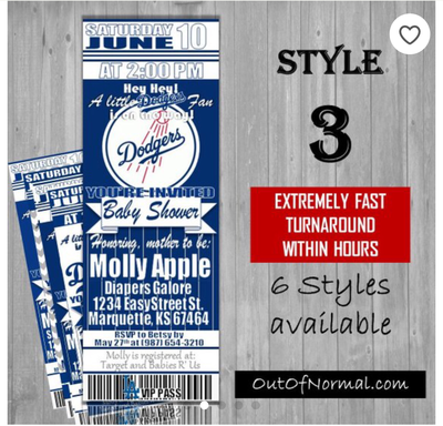 Los Angeles Dodgers LAD Baseball Baby Shower Invitation Ticket Style